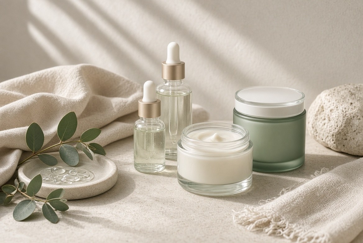 Skincare bottles and jars in soft light